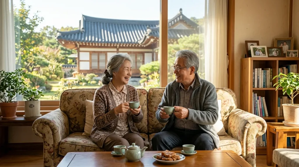 한국인 노부부가 서로 마주보며 행복하게 웃고 있는 모습, 그들 뒤로 안정적인 주택과 함께 미래에 대한 희망적인 분위기가 느껴진다. 따뜻한 햇살이 비추는 거실에서 차를 마시며 대화하는 모습.