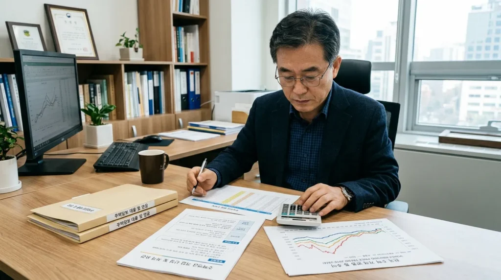 주택 가격 변동 그래프와 함께 주택연금 자격 요건을 나타내는 다양한 서류와 계산기, 그 앞에 심각하게 고민하는 한국인 중장년 남성이 안경을 쓰고 서류를 들여다보는 모습. 주변 배경은 깔끔한 사무실이다.