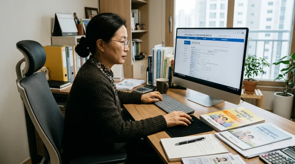 한국인 중년 여성이 컴퓨터 앞에서 주택연금 온라인 신청 서류를 꼼꼼히 작성하고 있는 모습, 주변에 관련 안내 책자와 펜이 놓여 있다. 그녀의 표정은 신중하고 집중하는 모습이다.