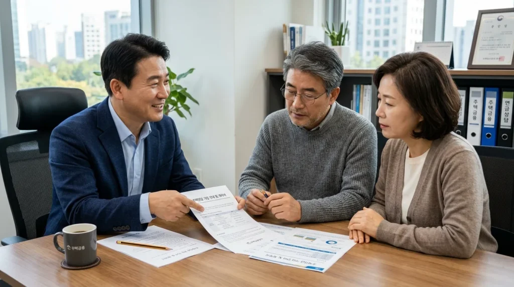 한국인 전문가가 중년 부부에게 주택연금 관련 서류를 보여주며 상담하는 모습, 테이블 위에는 연필과 커피잔이 놓여 있으며 진지한 대화가 오가는 분위기이다. 전문가는 신뢰감 있는 미소를 띠고 있다.