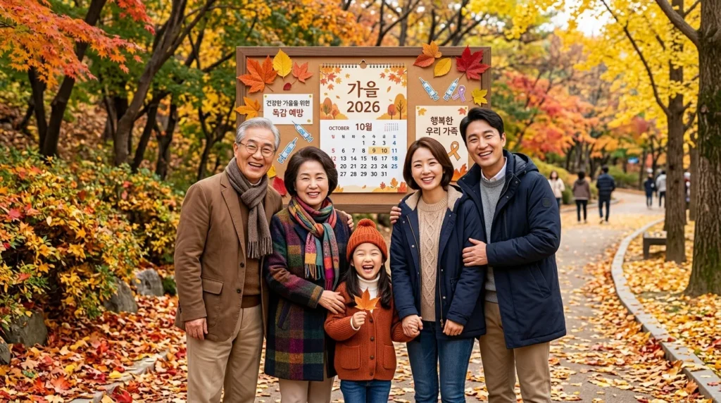 2026년 가을 달력이 보이는 배경에서 한국인 가족(아이, 부모님, 조부모님)이 함께 건강하게 미소 짓는 모습. 독감 백신 주사기와 나뭇잎이 은유적으로 배치되어 있다.