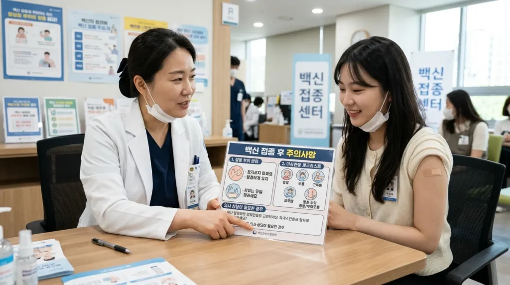 한국인 의료진이 환자에게 예방접종 후 주의사항을 친절하게 설명하는 모습. 접종 부위와 이상 반응 체크 리스트가 그래픽으로 함께 표현되어 있다.