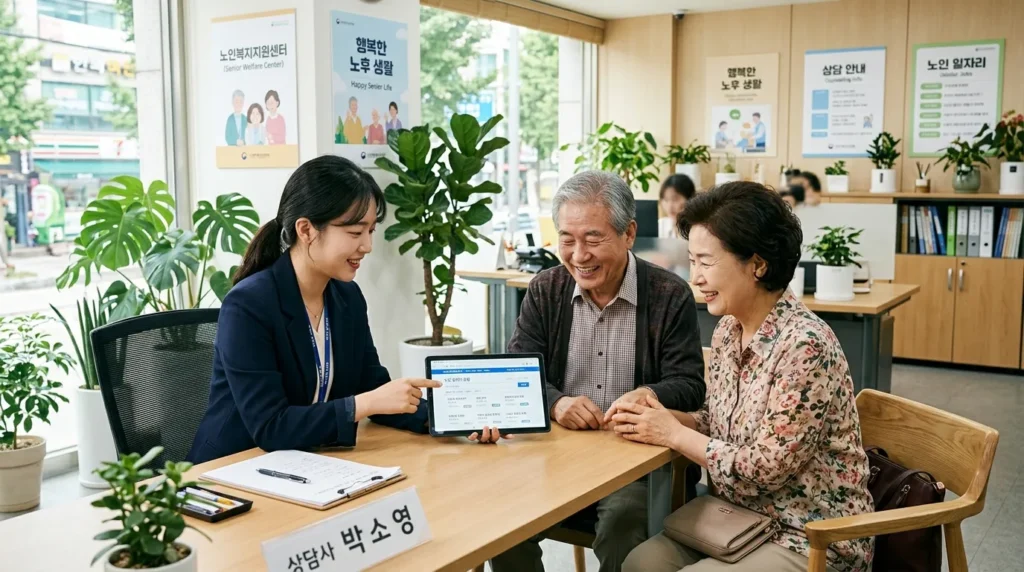 현대적인 한국의 한 노인회관 사무실에서 전문적인 상담이 진행되는 장면입니다. 젊은 사회복지사가 건강하고 미소 짓는 한국인 노부부에게 구인 정보가 담긴 디지털 태블릿을 보여주고 있습니다. 배경은 밝고 화초와 노인 복지에 관한 안내 포스터로 가득합니다.