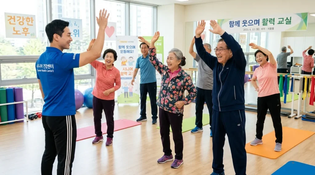 한국인 시니어 여러 명이 밝은 헬스케어 센터에서 전문 트레이너의 지도 아래 웃으며 스트레칭 및 가벼운 운동을 하고 있는 모습. 활기차고 건강한 분위기.