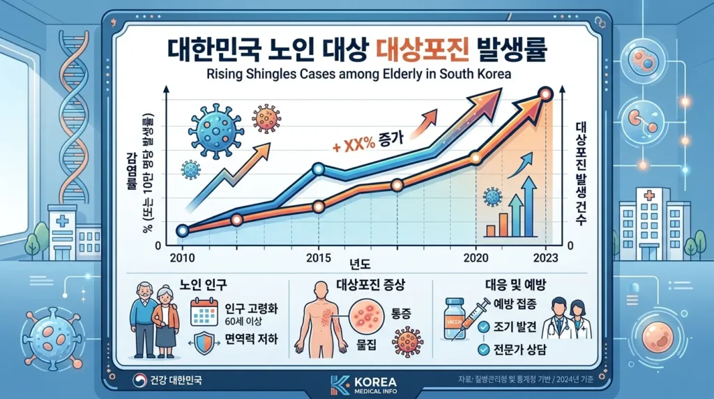 한국의 노인층에서 대상포진 발병률 증가 추세를 보여주는 전문적인 인포그래픽입니다. 깔끔한 의료 배경에 '노인 인구'와 '감염률'을 한국어로 표기했습니다.
