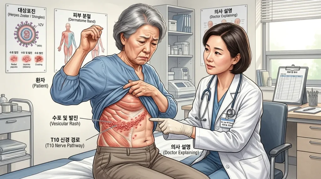 상반신에 띠 모양으로 붉은 발진이 나타난 한국인 노인 환자의 모습을 담은 상세한 의료 일러스트입니다. 환자가 걱정스러운 표정으로 의사의 설명을 듣고 있습니다.