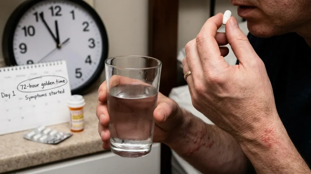 물 한 잔과 함께 항바이러스제를 복용하는 손의 클로즈업 사진입니다. 배경에는 시계가 있어 대상포진 치료의 '72시간 골든타임'의 중요성을 강조합니다.