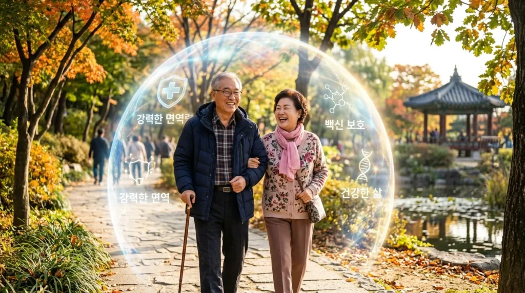 햇살 가득한 공원에서 건강하고 활기찬 모습으로 산책하는 한국인 노부부의 모습입니다. 보호용 의료 방패 이미지가 은은하게 겹쳐져 높은 면역력과 백신 접종의 효과를 상징합니다.