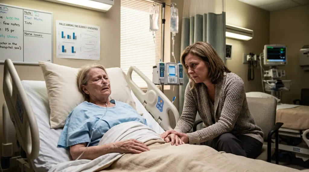 병원 침대에 누워 힘들어하는 노인과 걱정스러운 표정으로 옆을 지키는 가족의 모습. 배경에는 노인 낙상 관련 통계 그래프가 흐릿하게 비쳐 보이는 비극적인 장면.