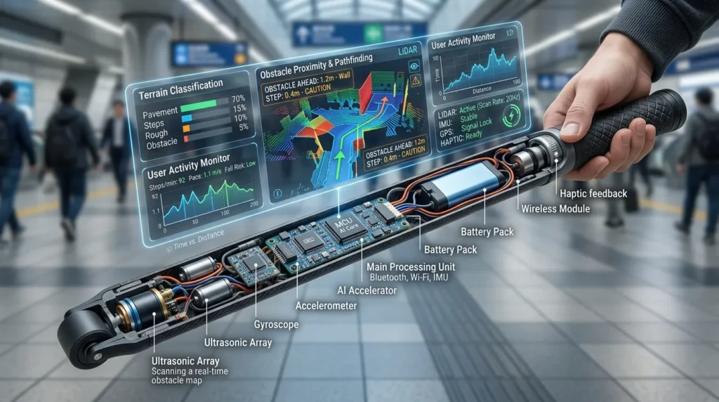 투명한 디스플레이에 복잡한 센서 데이터와 AI 분석 그래프가 시각적으로 오버레이된 스마트 지팡이의 단면도. 지팡이 내부에는 다양한 센서와 마이크로칩이 정교하게 배치되어 있는 미래지향적인 모습.