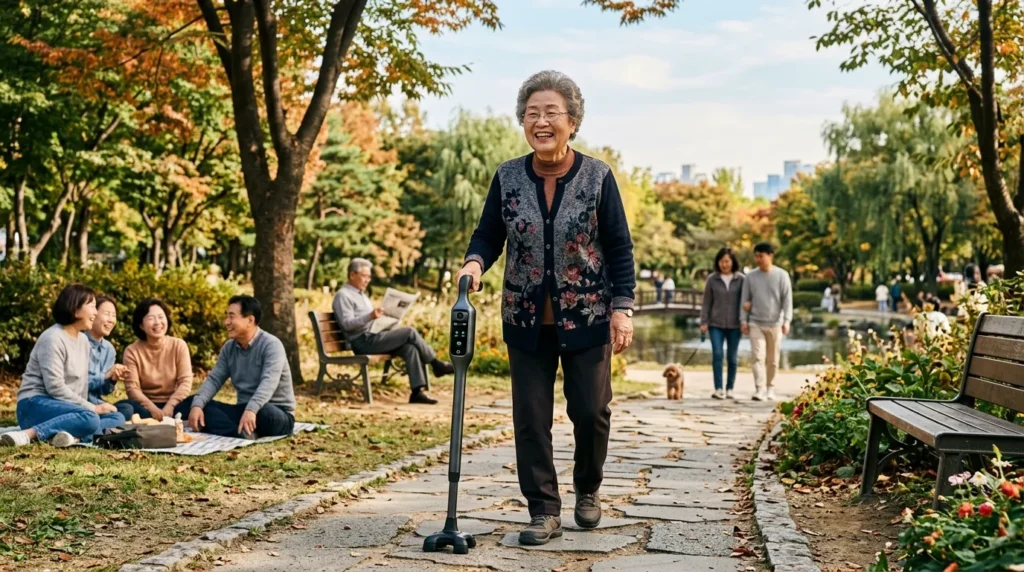 AI 스마트 지팡이를 짚고 활짝 웃으며 공원을 산책하는 한국인 할머니의 행복하고 자신감 넘치는 모습. 주변에는 다른 사람들이 편안하게 쉬고 있는 평화로운 풍경.