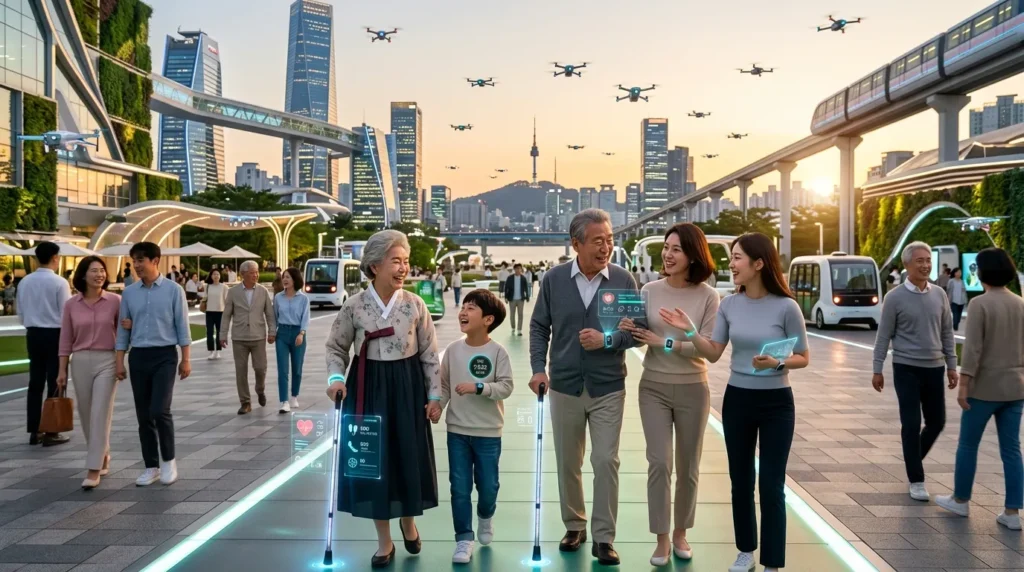 여러 세대의 한국인들이 함께 모여 스마트 기술이 접목된 건강 기기들을 활용하며 행복하게 소통하는 미래 도시의 모습. 드론이 날아다니고, 스마트 지팡이를 든 노인이 젊은이들과 함께 걸어가는 희망찬 장면.