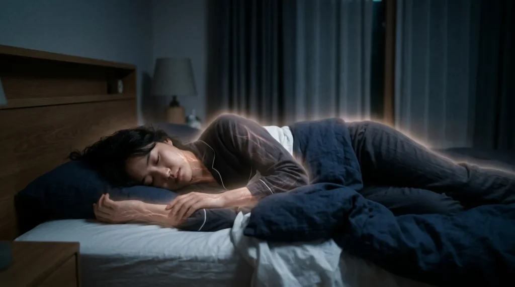 조용하고 어두운 침실에서 한 한국인 여성이 편안하게 잠들어 있는 모습. 그녀의 몸 주변으로 혈관이 건강하게 흐르는 듯한 은은한 빛이 표현되어 있다.