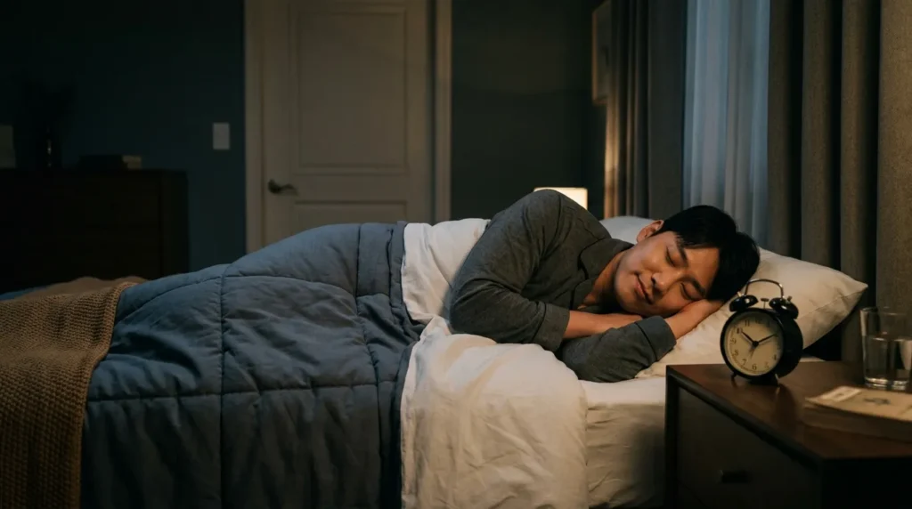 한국인 남성이 어둡고 조용한 침실에서 알람 시계 옆에 편안히 누워 규칙적인 수면 습관을 지키는 듯한 평화로운 표정으로 잠들기 직전의 모습을 연출하고 있다.