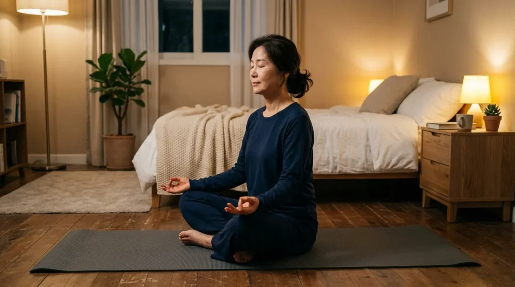 조용한 방에서 한국인 중년 여성이 잠들기 전 가벼운 스트레칭을 하고 있거나, 요가 매트 위에서 명상 자세를 취하며 평온한 표정을 짓고 있다. 은은한 조명이 주변을 감싸고 있다.