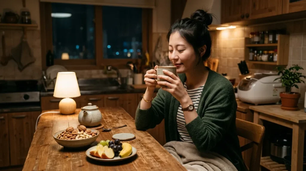 어두운 주방에서 한 한국인 여성이 잠들기 전 따뜻한 허브차 한 잔을 마시며 편안한 표정을 짓고 있다. 그녀 앞에는 건강에 해로운 야식 대신 신선한 과일과 견과류가 놓여 있다.