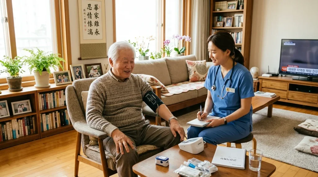 한국인 어르신이 자택 거실에서 간호사의 도움을 받아 건강 상태를 확인하는 모습. 집 안은 밝고 아늑하며, 어르신은 편안한 표정을 짓고 있다.