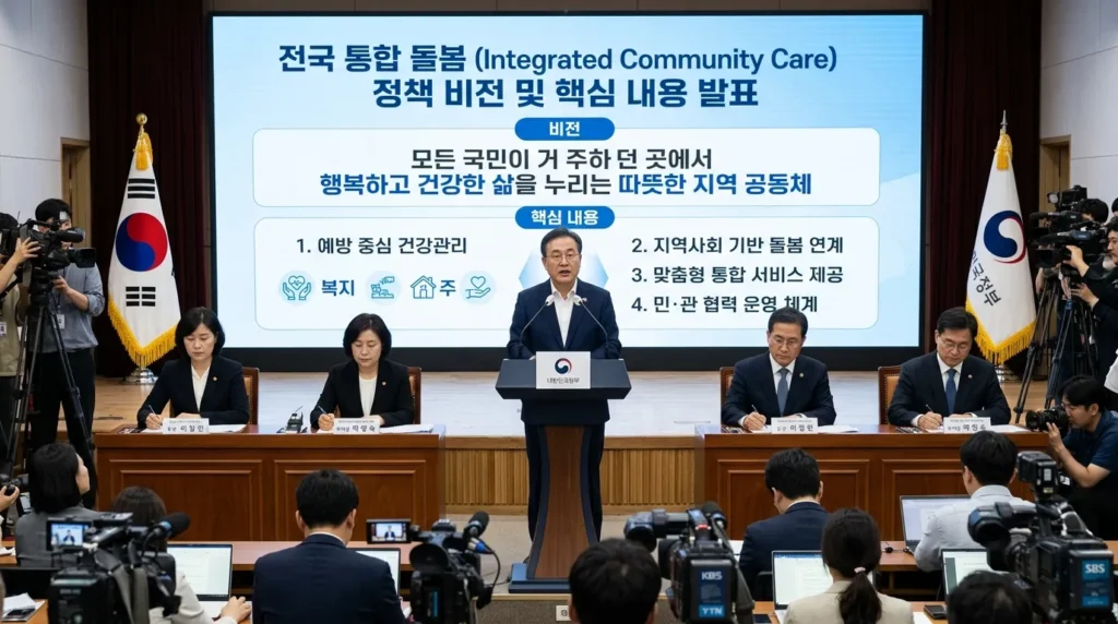 한국 정부 관계자들이 모여 지역사회 통합돌봄 전국 시행에 대한 발표를 하는 모습. 뒤편에는 정책의 비전과 주요 내용이 담긴 대형 스크린이 있고, 관계자들은 진지한 표정으로 설명하고 있다.