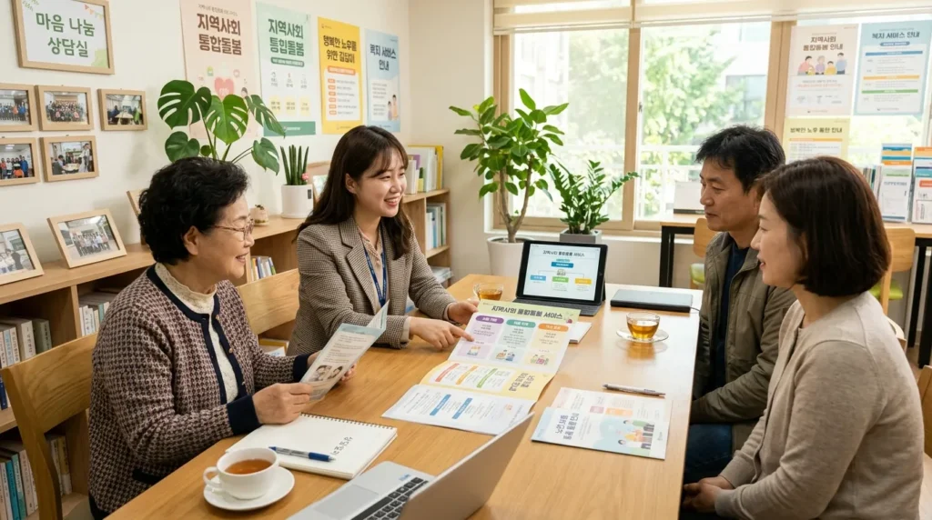 한국인 사회복지사가 지역 주민센터에서 상담을 신청한 한국인 어르신과 가족에게 지역사회 통합돌봄 서비스 내용을 친절하게 설명하고 있는 모습. 상담실은 밝고 쾌적하며, 다양한 안내 자료들이 보인다.