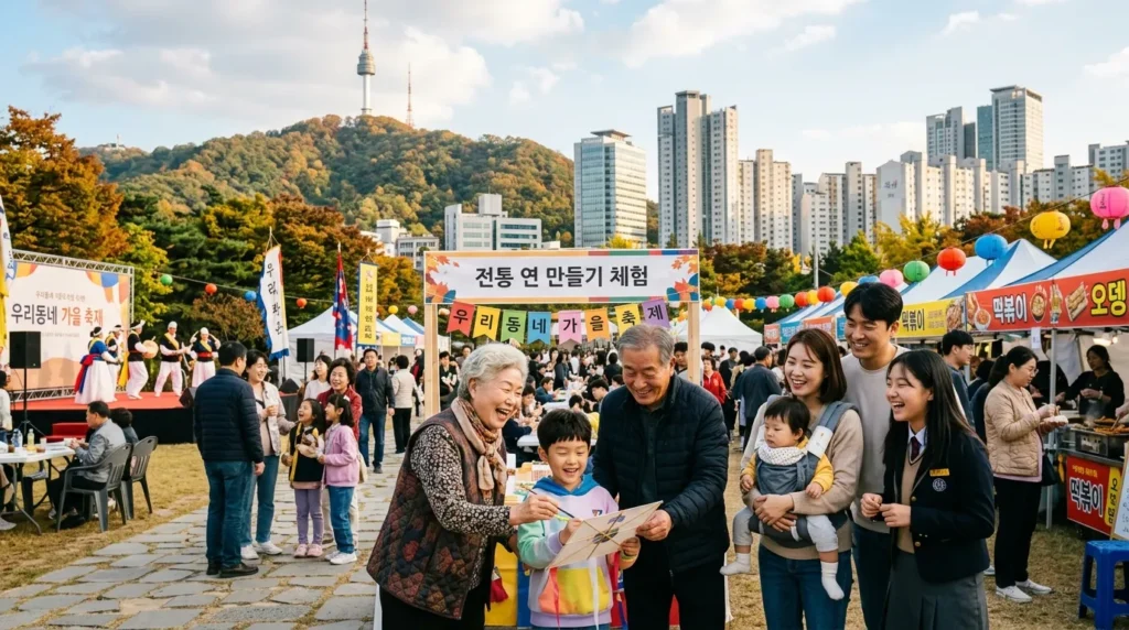 다양한 연령대의 한국인들이 함께 모여 지역사회 축제에 참여하거나, 공동체 활동을 즐기는 활기찬 모습. 배경에는 현대적인 도시와 자연이 어우러져 있고, 모두가 행복해 보인다.