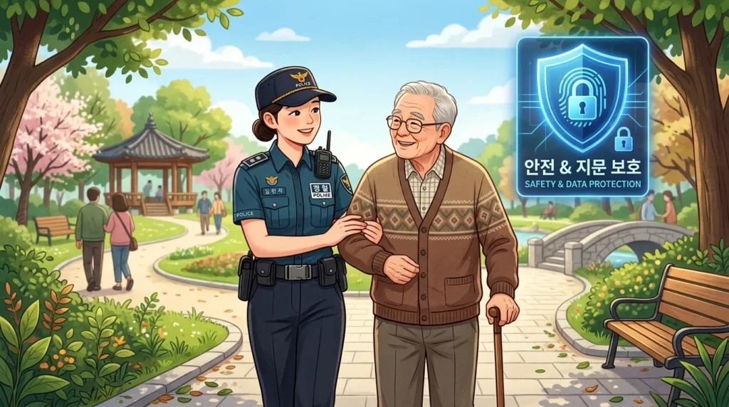 공원에서 노인을 돕는 한국 경찰관의 모습을 전문적이고 따뜻한 일러스트로 표현했습니다. 디지털 방패 아이콘은 안전과 지문 보호를 상징합니다.