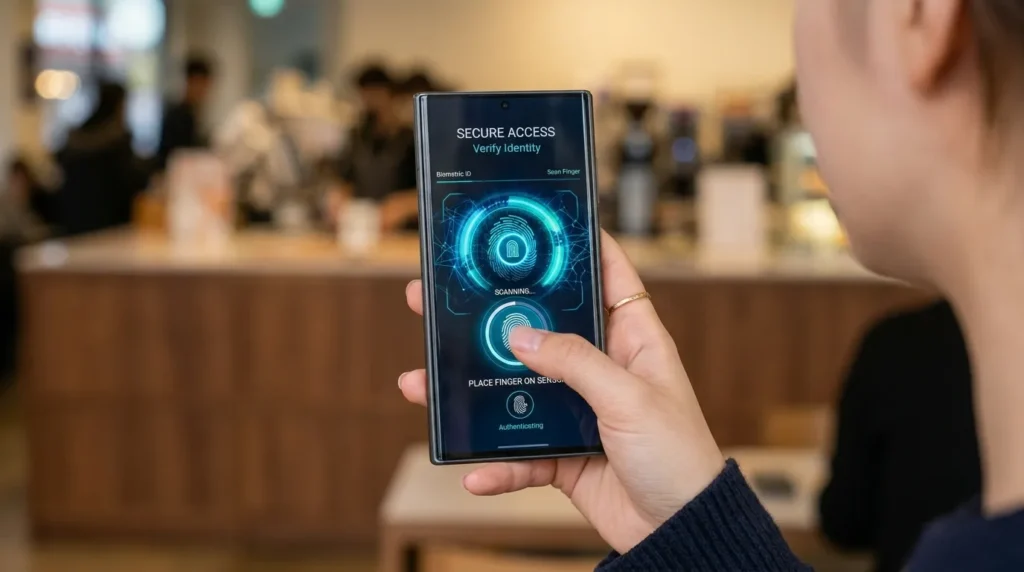 한국인이 들고 있는 최신 스마트폰의 클로즈업 사진입니다. 첨단 스캐너 그래픽과 함께 지문 스캔을 위한 정교한 모바일 앱 인터페이스가 보입니다.