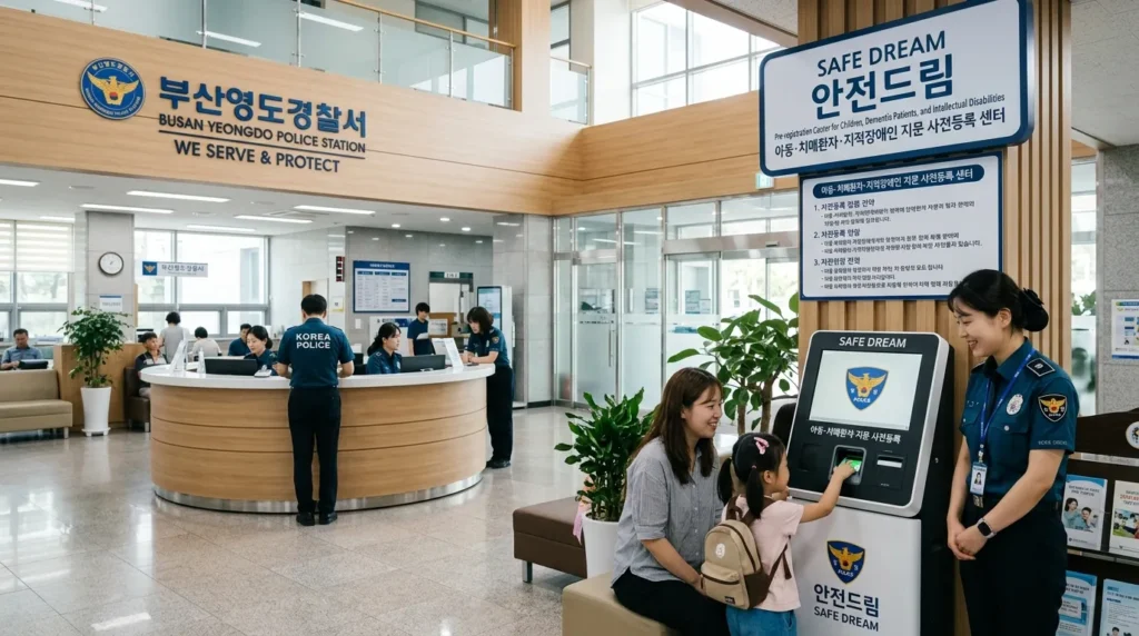 현대적이고 친근한 분위기의 한국 경찰서 내부 모습입니다. '안전한 꿈' 등록 전용 키오스크와 전문적인 안내판이 설치되어 있습니다.