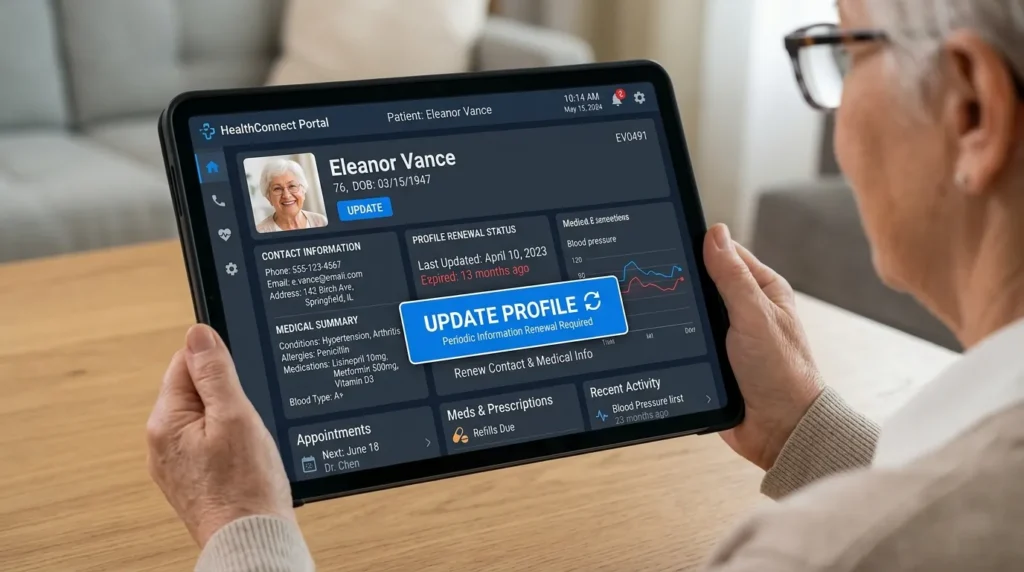 디지털 대시보드에는 노인의 프로필이 표시되어 있으며, '업데이트' 버튼은 의료 및 연락처 정보의 정기적인 갱신을 상징합니다.