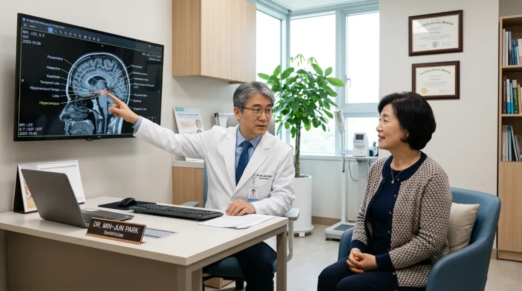 밝고 현대적인 노인 전문 클리닉에서 중년의 한국 여성이 의사와 상담하는 장면입니다. 의사는 모니터에 나타난 디지털 뇌 스캔 이미지를 가리키고 있습니다. 차분하고 편안한 분위기입니다.