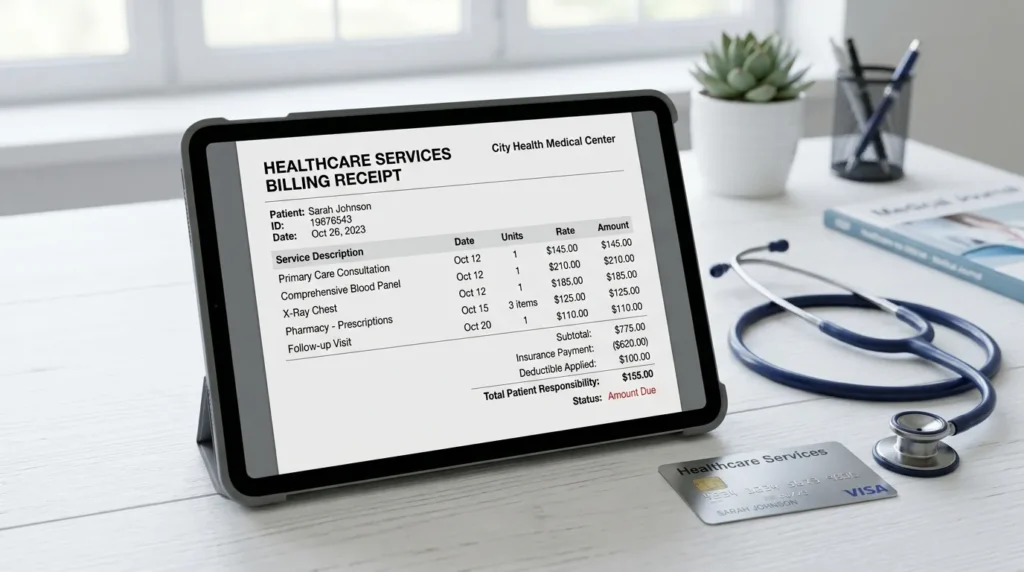 태블릿 화면에는 의료 서비스 관련 비용 항목이 깔끔하게 정리된 진료비 청구서가 표시되어 있습니다. 흰색 책상 위에는 청진기와 신용카드가 놓여 있습니다.