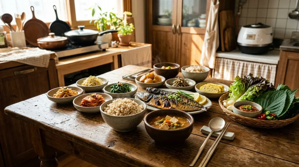 정갈하게 차려진 한국식 건강 밥상 사진. 현미밥, 구운 생선, 나물 반찬, 신선한 쌈 채소가 놓여 있으며 햇살이 비치는 따뜻한 한국 가정집의 주방 배경.