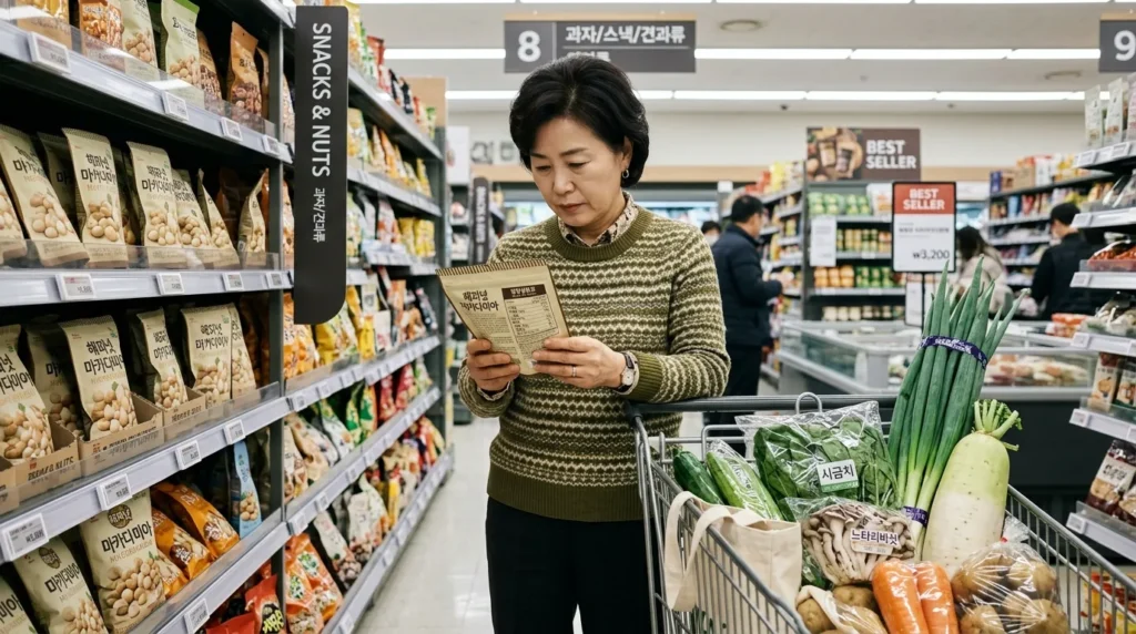 마트 식료품 코너에서 중년의 한국인 여성이 제품의 영양성분표를 꼼꼼히 읽고 있는 모습. 장바구니에는 신선한 채소가 담겨 있음.