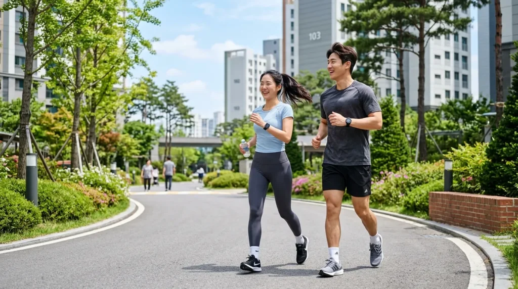 맑은 날씨의 한국 아파트 단지 내 산책로에서 한 한국인 부부가 가벼운 운동복 차림으로 빠르게 걷기 운동을 하는 모습. 손목에는 스마트워치를 착용하고 있음.