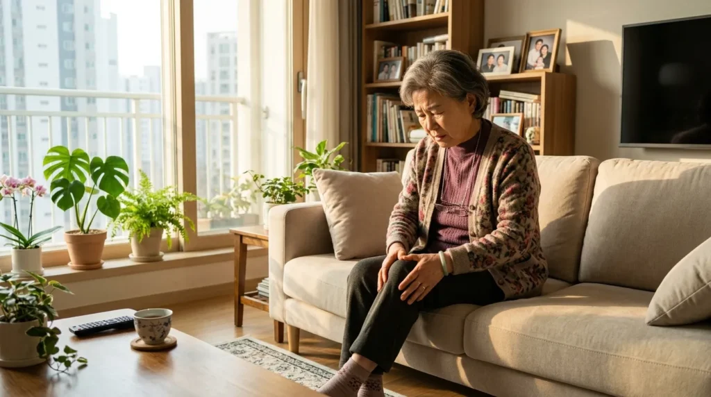 따뜻한 햇살이 비치는 거실 소파에 앉아 무릎을 부드럽게 마사지하며 걱정스러운 표정을 짓고 있는 한국인 할머니의 모습. 배경은 깨끗하고 현대적인 한국형 아파트 인테리어.