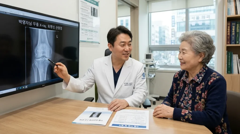 한국의 전문 병원 진료실에서 의사가 어르신 환자에게 무릎 엑스레이 사진을 보여주며 수술 과정과 비용에 대해 상세히 설명하고 있는 모습. 의사와 환자 모두 마스크를 착용하지 않은 자연스러운 표정.
