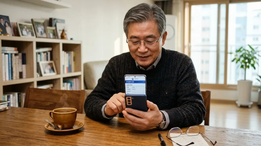 60대 한국인 남성이 안경을 쓰고 스마트폰 앱 '정부24'를 통해 보조금 신청서를 작성하고 있는 모습. 주변에는 차 한 잔과 돋보기 안경이 놓여 있음.