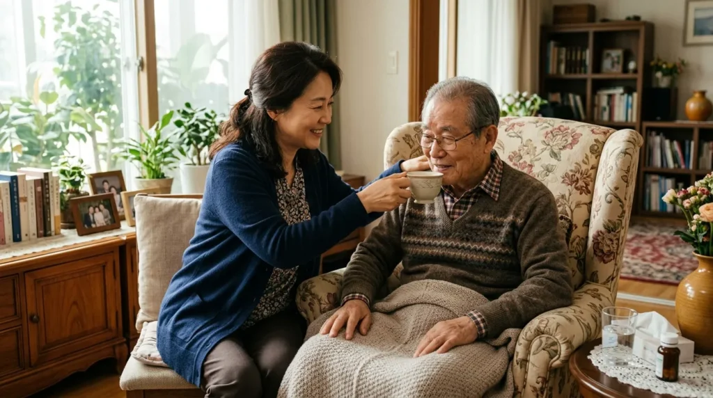 따뜻하고 고급스러운 사진으로, 평화로운 가정 환경에서 중년 한국 여성이 연로하신 아버지를 돌보는 모습이 담겨 있습니다. 은은한 자연광이 비추는 가운데, 전문적이면서도 공감 어린 분위기가 느껴집니다.