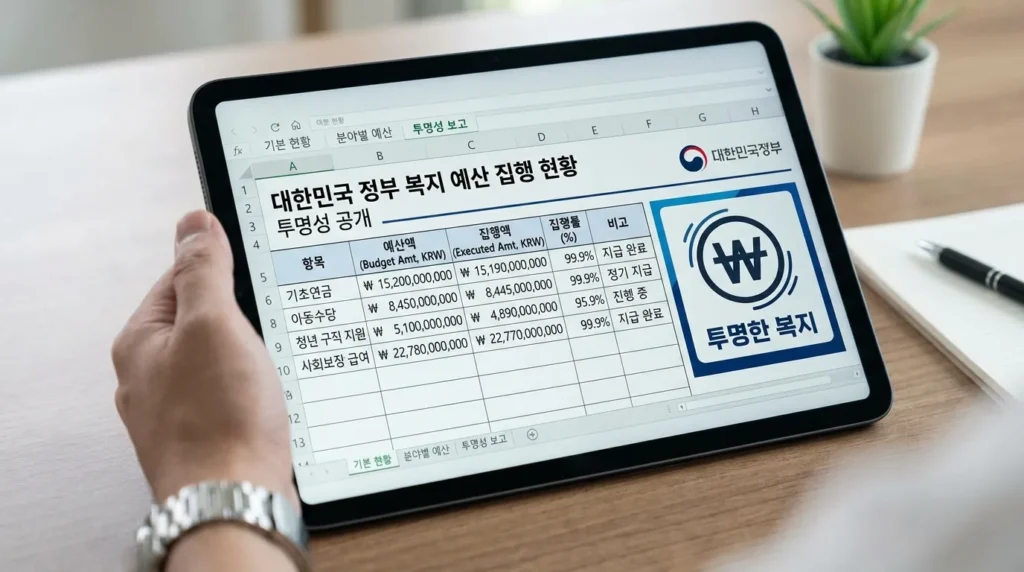 디지털 태블릿의 클로즈업 사진으로, 재무 스프레드시트와 한국 원화 아이콘이 표시되어 있습니다. 이는 정부 복지 혜택과 투명성을 상징합니다.