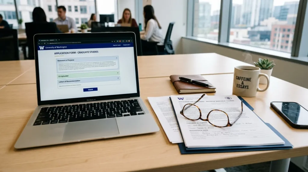 깔끔하고 현대적인 사무실 책상 위에 노트북과 정리된 서류, 그리고 서류 위에 놓인 안경은 공식적인 신청 절차를 보여줍니다.