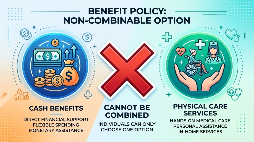 전문적인 인포그래픽 스타일의 일러스트레이션으로, 현금 지원과 신체 간병 서비스를 각각 별도의 아이콘으로 나타내고 있으며, 두 서비스는 'X' 표시로 동시에 신청할 수 없음을 명확히 보여줍니다.