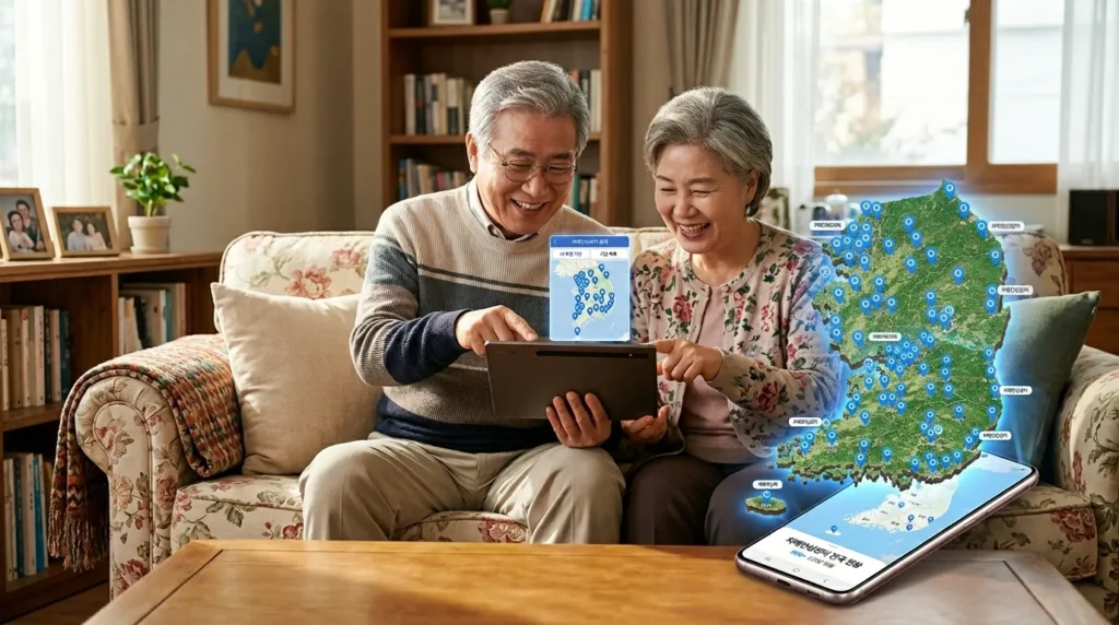 한국 지도가 스마트폰 화면에 입체적으로 떠 있고, 서울부터 제주까지 전국 각지의 치매안심센터 위치가 파란색 핀 아이콘으로 표시된 고해상도 그래픽. 거실 소파에 앉은 한국인 노부부가 밝은 표정으로 태블릿 PC를 통해 주변 센터를 검색하는 모습.