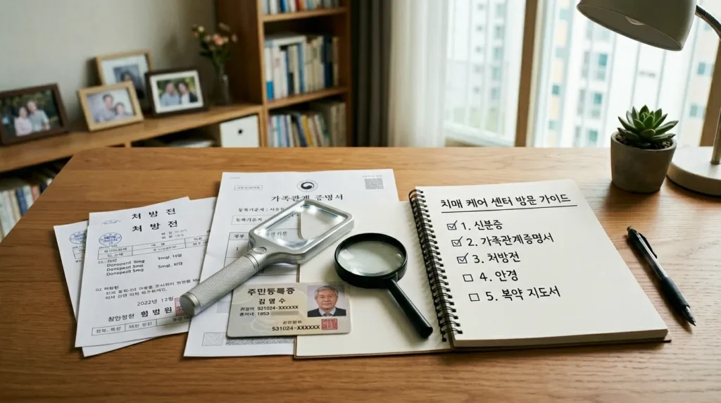깔끔하게 정리된 책상 위에 신분증, 가족관계증명서, 처방전이 가지런히 놓여 있고, 그 옆에 '치매안심센터 방문 안내'라고 적힌 체크리스트와 돋보기 안경이 있는 클로즈업 샷. 한국의 전형적인 가정집 책상 풍경.