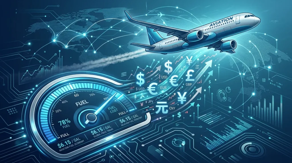 디지털 연료 게이지와 통화 기호 위로 비행기가 날아가는 모습을 보여주는 전문적인 컨셉 일러스트레이션으로, 항공 산업과 연료 비용 간의 연관성을 상징합니다. 모던하고 깔끔한 파란색과 은색 계열의 색상이 사용되었습니다.