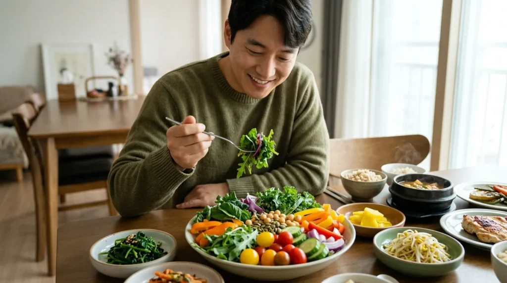 식이섬유 우선 섭취가 만드는 혈당 방어막의 원리 - 한국인 남성이 식사 시작 전 신선한 채소 샐러드를 먼저 섭취하며 즐거워하는 모습, 테이블 위에는 다채로운 색상의 채소가 가득함