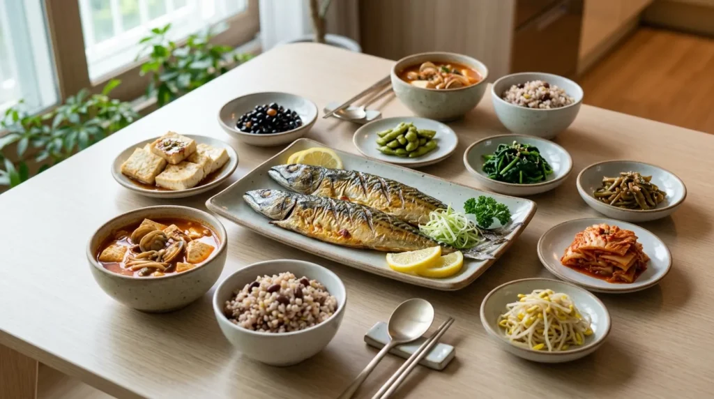 단백질과 지방이 인슐린 감수성에 미치는 영향 - 정갈하게 차려진 한국식 생선 구이와 두부 요리, 그리고 콩자반이 놓인 건강한 밥상