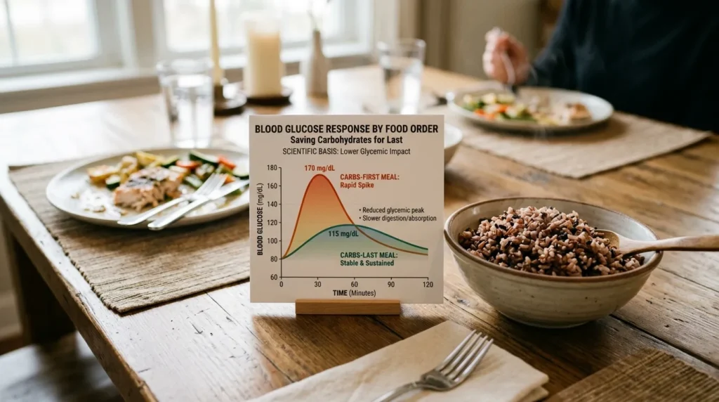 탄수화물을 마지막으로 미뤄야 하는 과학적 근거 - 식탁 끝에 놓인 잡곡밥 한 그릇과 식사 순서에 따른 혈당 그래프가 나란히 놓여 있는 모습