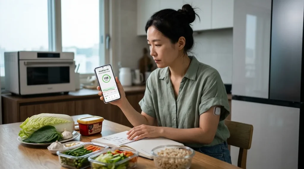 실생활 적용을 위한 2026 맞춤형 식사 전략 - 한국인 여성이 스마트폰 앱으로 자신의 실시간 혈당 수치를 확인하며 건강한 한식 식단을 계획하는 모습