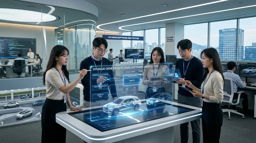 2026년 현대자동차의 미래지향적이고 첨단 기술이 접목된 사무 환경. 한국 소프트웨어 엔지니어들이 차량 소프트웨어 아키텍처를 보여주는 대형 홀로그램 디스플레이에서 협업하는 모습이 담겨 있습니다. 전문적이고 혁신적이며 모빌리티 기술에 집중하는 분위기입니다.