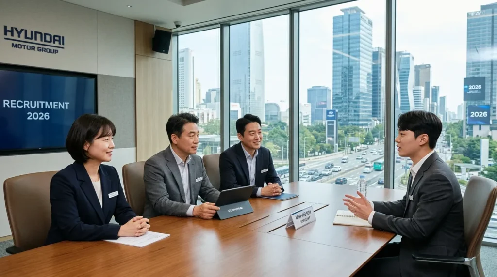 2026년 현대자동차 본사에서 진행되는 전문적인 면접 장면. 세 명의 한국인 면접관이 태블릿을 보며 친근하면서도 진지한 표정으로 지원자의 이야기를 경청하고 있습니다. 유리벽 너머로 현대적인 도시의 스카이라인이 펼쳐집니다.