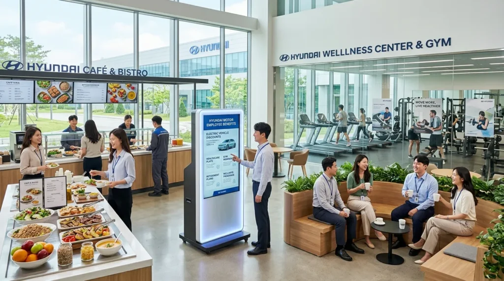 현대자동차의 현대적인 사내 식당과 웰니스 센터를 보여주는 깔끔하고 생동감 넘치는 인포그래픽 또는 사진. 건강식 메뉴, 헬스장, 전기차 할인 등 직원 복지 정보를 제공하는 디지털 키오스크가 마련되어 있습니다. 몇몇 한국인 직원들이 라운지 공간에서 편안하게 담소를 나누고 있습니다.